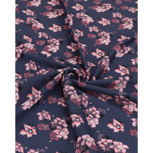 Tecido Crepe de Viscose Italiano Campo de Flores Rosa e Cinza Grafite