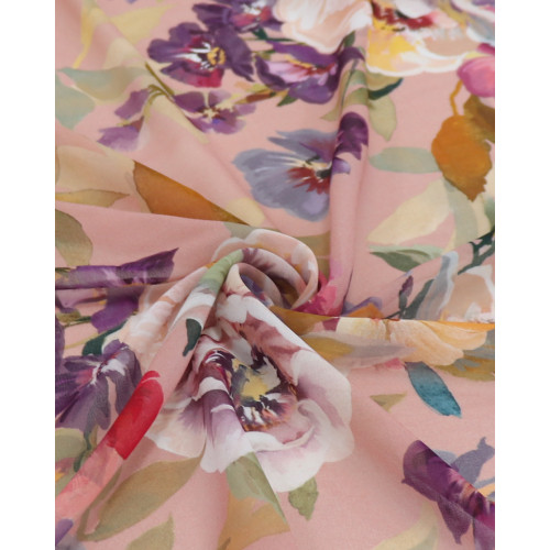 Tecido Crepe Chiffon Italiano Pintura Floral Colorido e Rosé