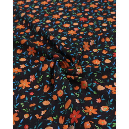 Tecido Crepe Koshibo Leve Italiano Campo de Flores Laranja e Preto