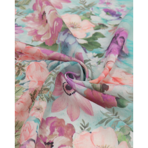Tecido Cambraia Mista Italiano Estampa Lenço Barrado Duplo Floral Colorido (1,47m x 1,05m)