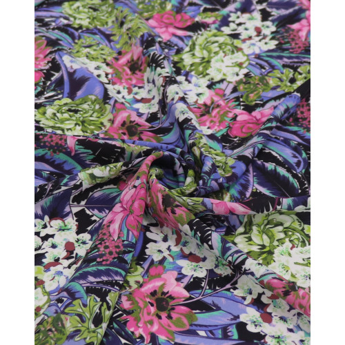 Tecido Crepe Koshibo Leve Italiano Folhas e Flores Abstratas Colorido