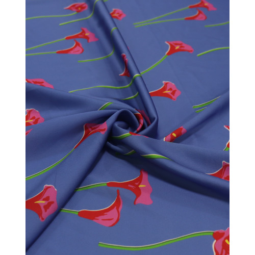 Tecido Crepe Silk Macro Flores Vermelho, Verde e Azul
