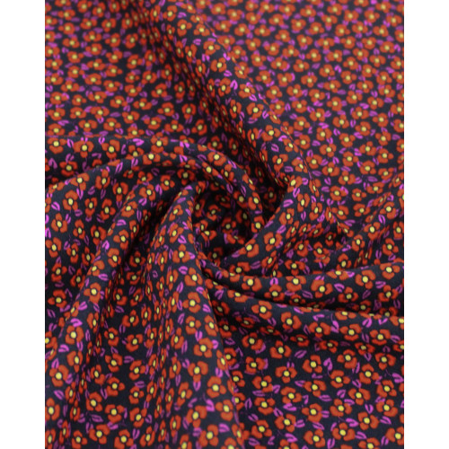 Tecido Crepe de Viscose Italiano Micro Tapete Floral Amarelo, Vermelho e Preto