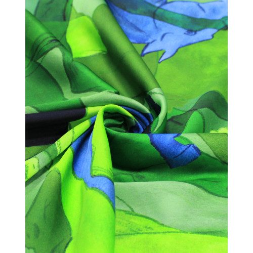 Tecido Crepe Silk Italiano Cavalos em Rascunho Sobrepostos Azul e Tons de Verde