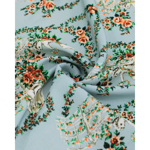 Tecido Crepe de Viscose Italiano Escultura e Flores Colorido e Azul Turquesa