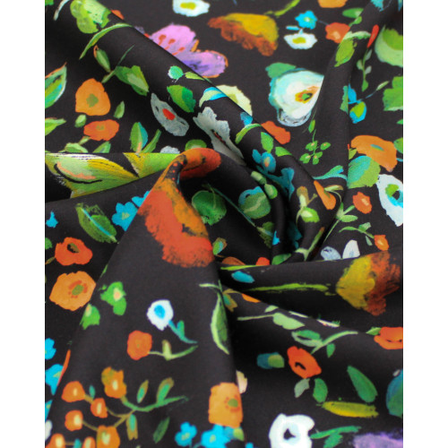 Tecido Viscose Acetinada Italiano Campo Floral Colorido e Preto