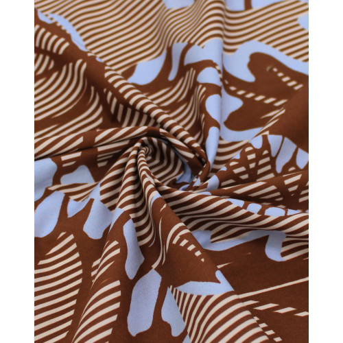 Tecido Tricoline com Elastano Italiano Macro Folhas em Listras Creme e Marrom