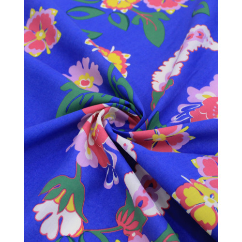 Tecido Tricoline Italiano Ramos Florais Verde, Tons de Rosa e Azul