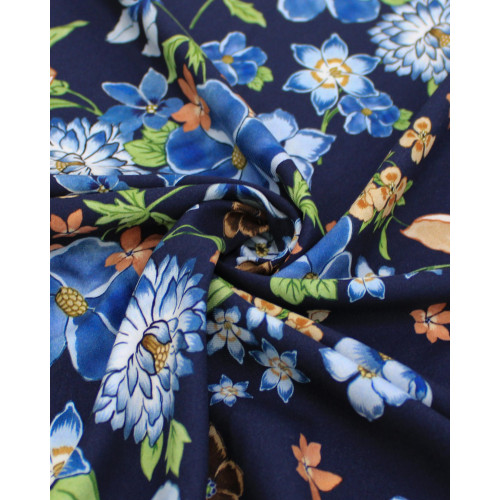 Tecido Viscose Sarjada Italiano Campo de Flores Colorido e Azul Marinho Noite