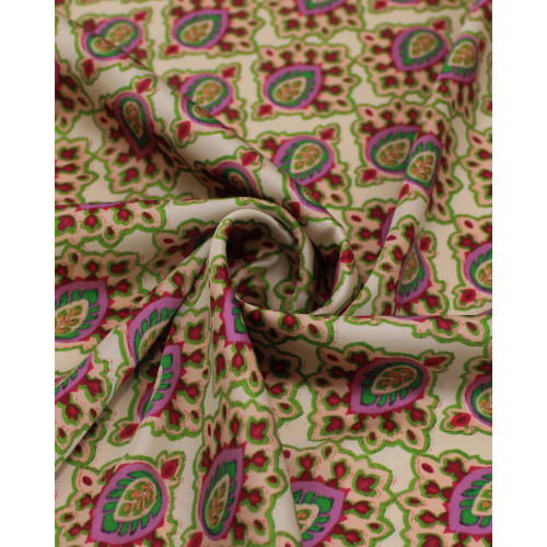 Tecido Crepe Silk Italiano Estampa Paisley Tons de Rosa, Verde e Creme