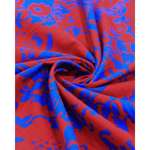 Tecido Tricoline Italiano Campo Floral Abstrato Azul e Vermelho