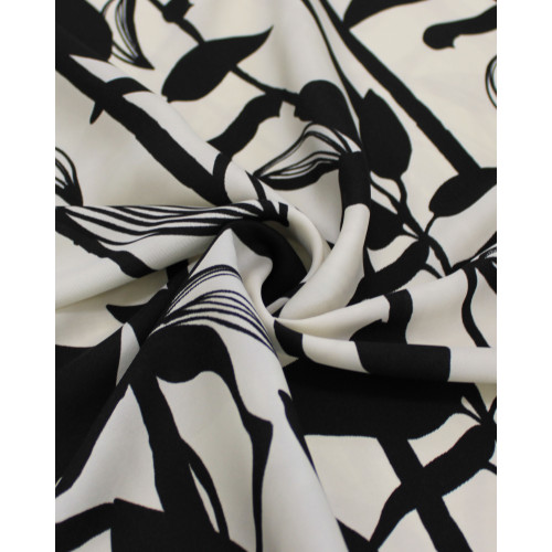 Tecido Crepe Silk Italiano Macro Ramos Preto e Creme