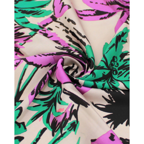 Tecido Crepe Silk Italiano Estampa Tropical Abstrata Verde, Roxo e Rosé