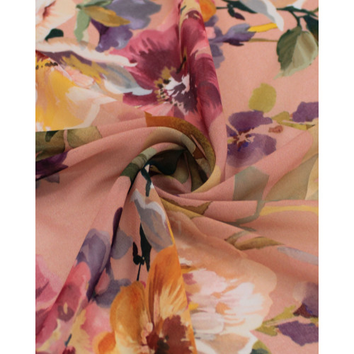 Tecido Crepe Chiffon Italiano Macro Pintura Floral Colorido e Rosa Chá