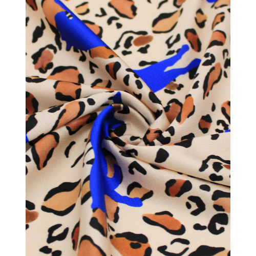 Tecido Crepe Texturizado Italiano Animal Print e Onças Azul, Tons de Marrom e Bege