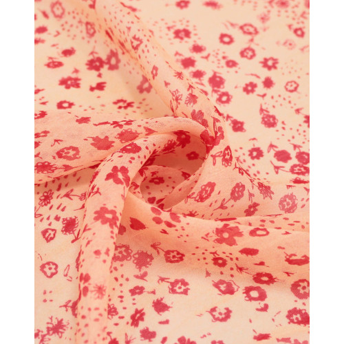 Tecido Crepe Chiffon Italiano Micro Tapete Floral Rosa Pink e Creme