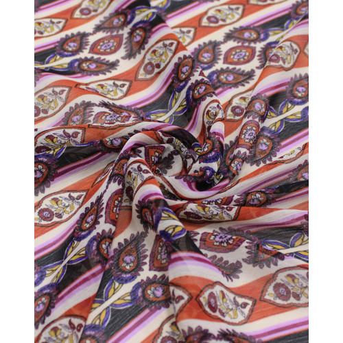 Tecido Crepe Chiffon Texturizado Italiano Listras Estampadas Roxo, Vermelho e Creme