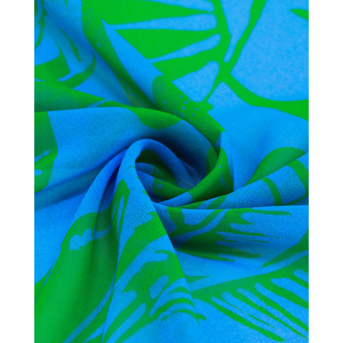 Tecido Crepe Chiffon Italiano Macro Folhas Verde e Azul Celeste