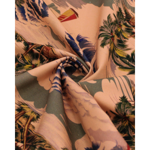 Tecido Sarja Italiano Ilhas Tropicais Colorido e Rosé