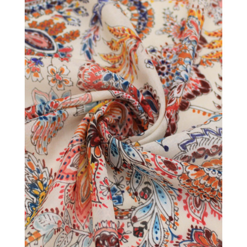 Tecido Crepe Chiffon Italiano Cashmeres Florais Colorido e Offwhite