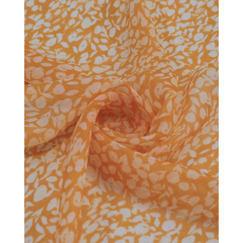 Tecido Crepe Chiffon Italiano Micro Tapete Floral Abstrato Branco e Laranja