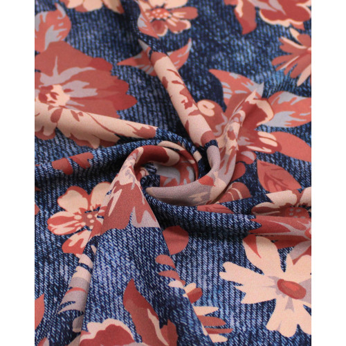 Tecido Crepe Koshibo Leve Ialiano Tapete Floral Rosa Chá, Terracota e Tons de Cinza