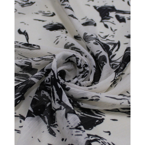 Tecido Crepe Chiffon Texturizado Italiano Estampa Abstrata Preto e Offwhite