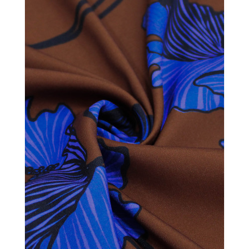 Tecido Viscose Sarjada Italiano Macro Flores Tons de Azul e Marrom