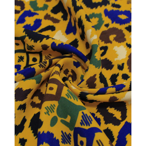 Tecido Crepe de Viscose Italiano Animal Print e Listras Verticais Colorido e Amarelo