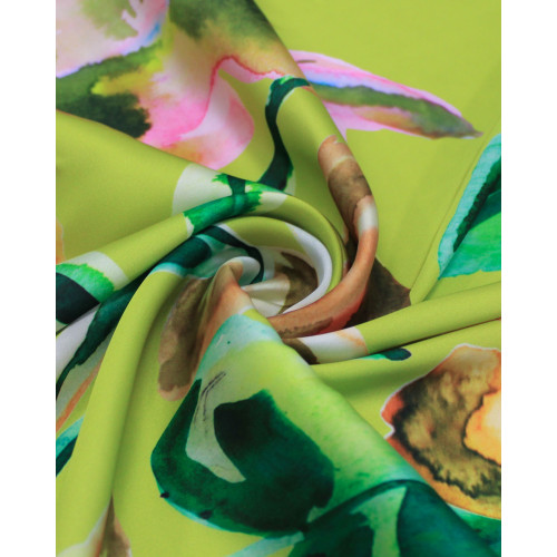 Tecido Crepe Silk Italiano Macro Folhagens Abstratas Colorido e Verde Oliva
