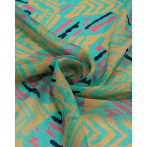 Tecido Crepe Chiffon Italiano Estampa Geométrica Abstrata Salmão, Rosa e Verde Água