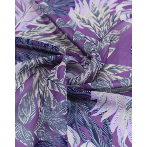 Tecido Crepe Chiffon Multi Folhas Cinza e Tons de Roxo