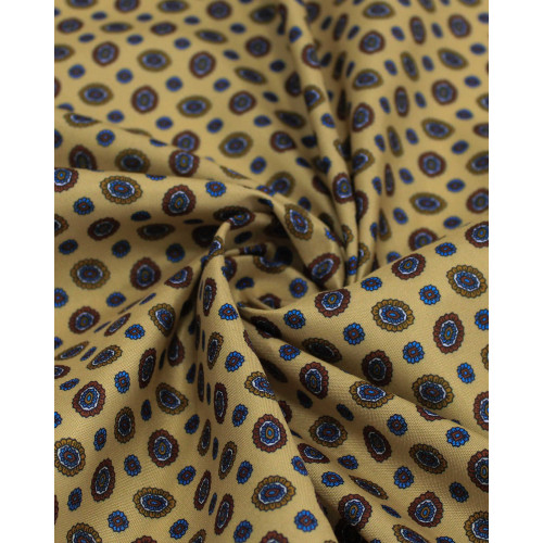 Tecido Crepe Silk Italiano Estampa Micro Geométrica Vermelho, Azul e Palha