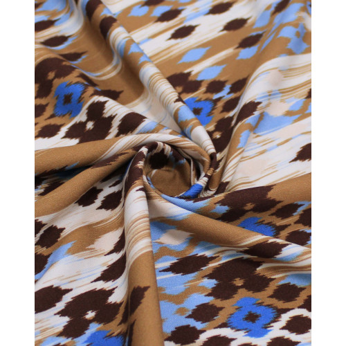 Tecido Viscose Italiano Esampa Geométrica Abstrata Azul, Tons de marrom e Offwhite