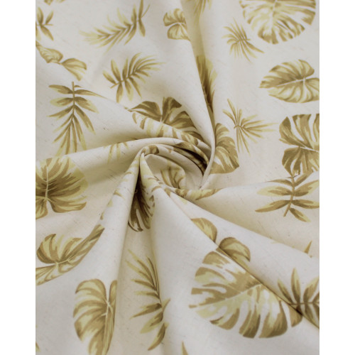 Tecido Linho Misto Camisaria Folhagens Tons de Bege e Offwhite