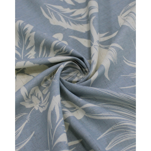 Tecido Linho Misto Camisaria Folhagens e Flores Offwhie e Azul Cinza Ártico