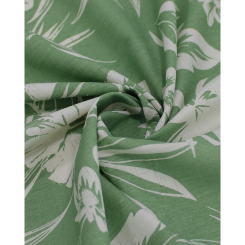 Tecido Linho Misto Camisaria Folhagens e Flores Branco e Verde