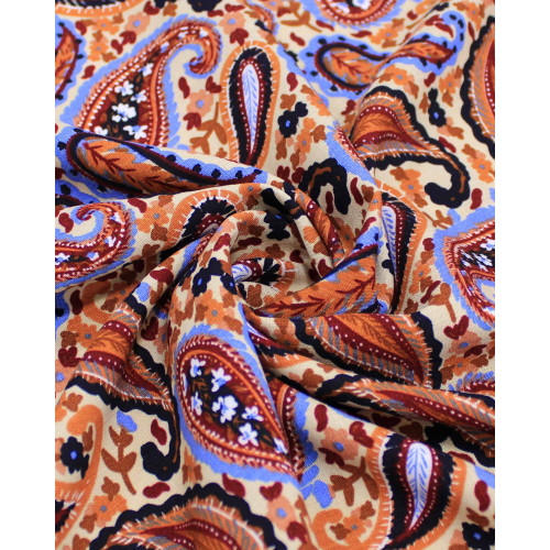 Tecido Viscose Texturizada Estampa Paisley Colorido e Bege