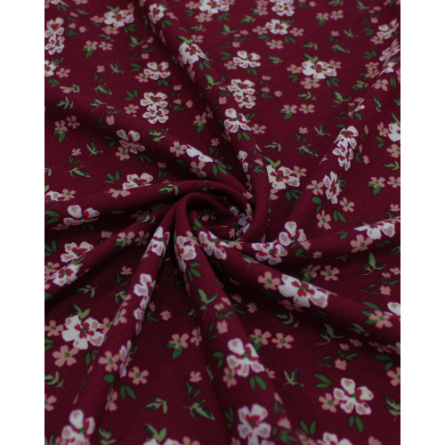 Tecido Viscose Texturizada Micro Tapete Floral Colorido e Vermelho Carmim