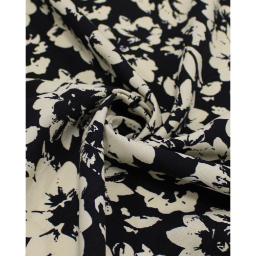 Tecido Viscose Texturizada Tapete Floral Abstrato Creme e Preto