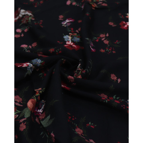 Tecido Viscose Texturizada Buquê Floral Colorido e Preto