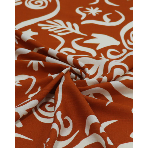 Tecido Viscose Texturizada Folhas e Espirais Creme e Ferrugem
