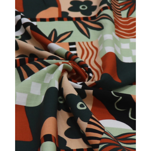 Tecido Viscose Texturizada Multi Estampa Terracota e Verde