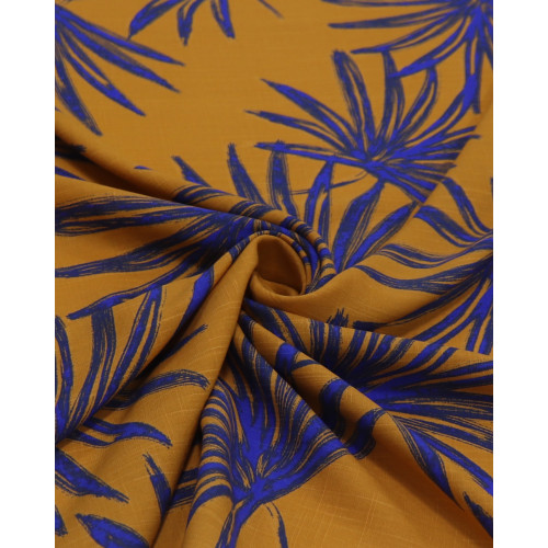 Tecido Viscose Texturizada Macro Folhagens Azul Bic e Ocre