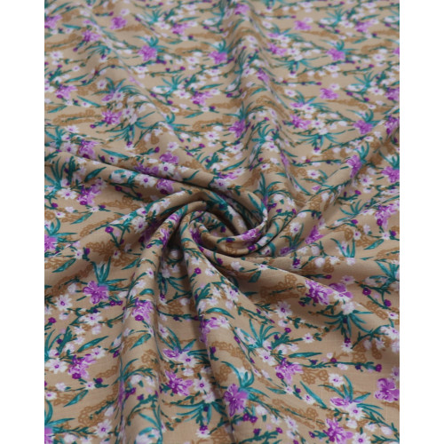 Tecido Viscose Texturizada Micro Buquê Floral Lilás e Bege