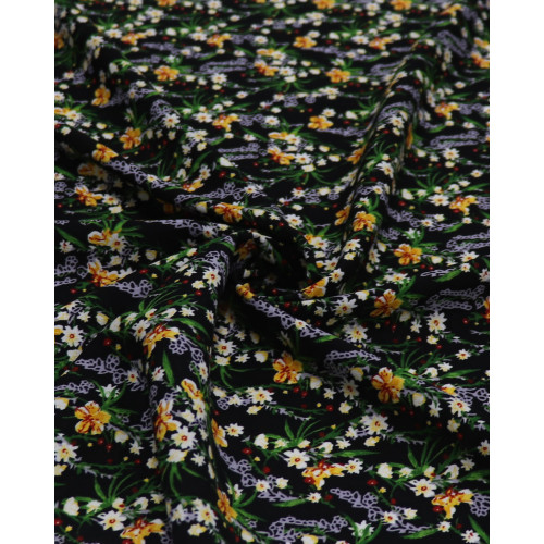 Tecido Viscose Texturizada Micro Buquê Floral Amarelo e Preto
