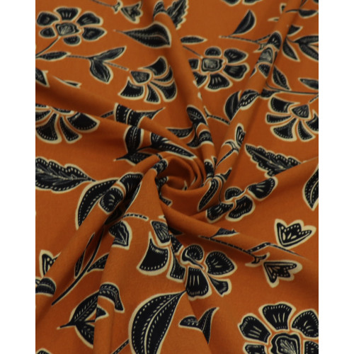 Tecido Crepe Koshibo Floral Étnico Preto e Ferrugem