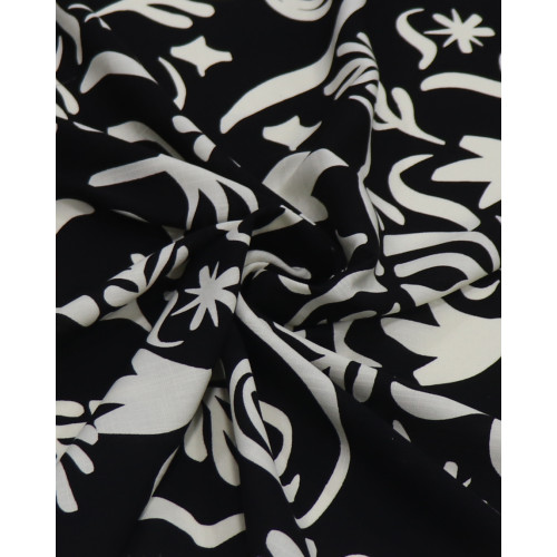 Tecido Viscose Texturizada Folhas e Espirais Creme e Preto