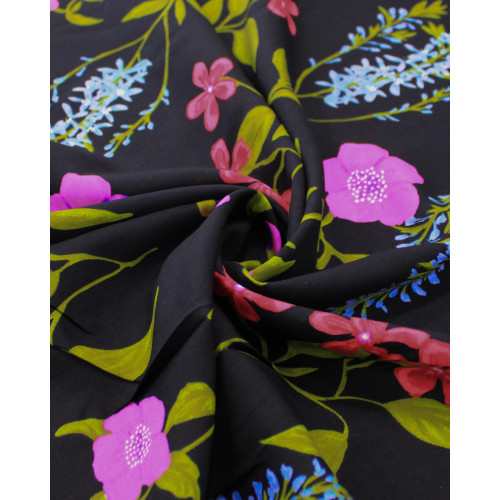 Tecido Viscose Jardim Floral Colorido e Preto
