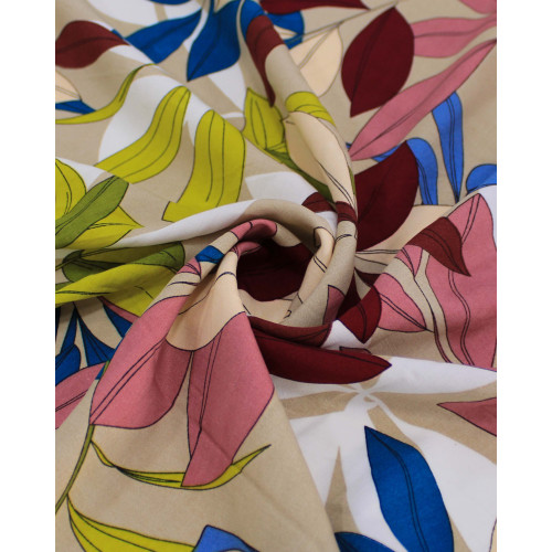 Tecido Viscose Folhagens Colorido e Bege